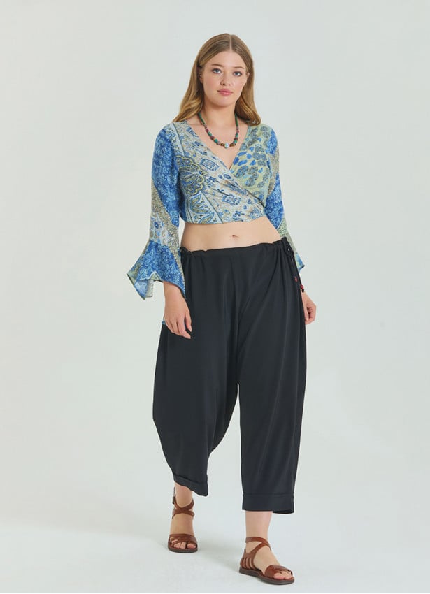 Adjustable Waist Black Women's Plus Size Trousers with Rope Detail 4622